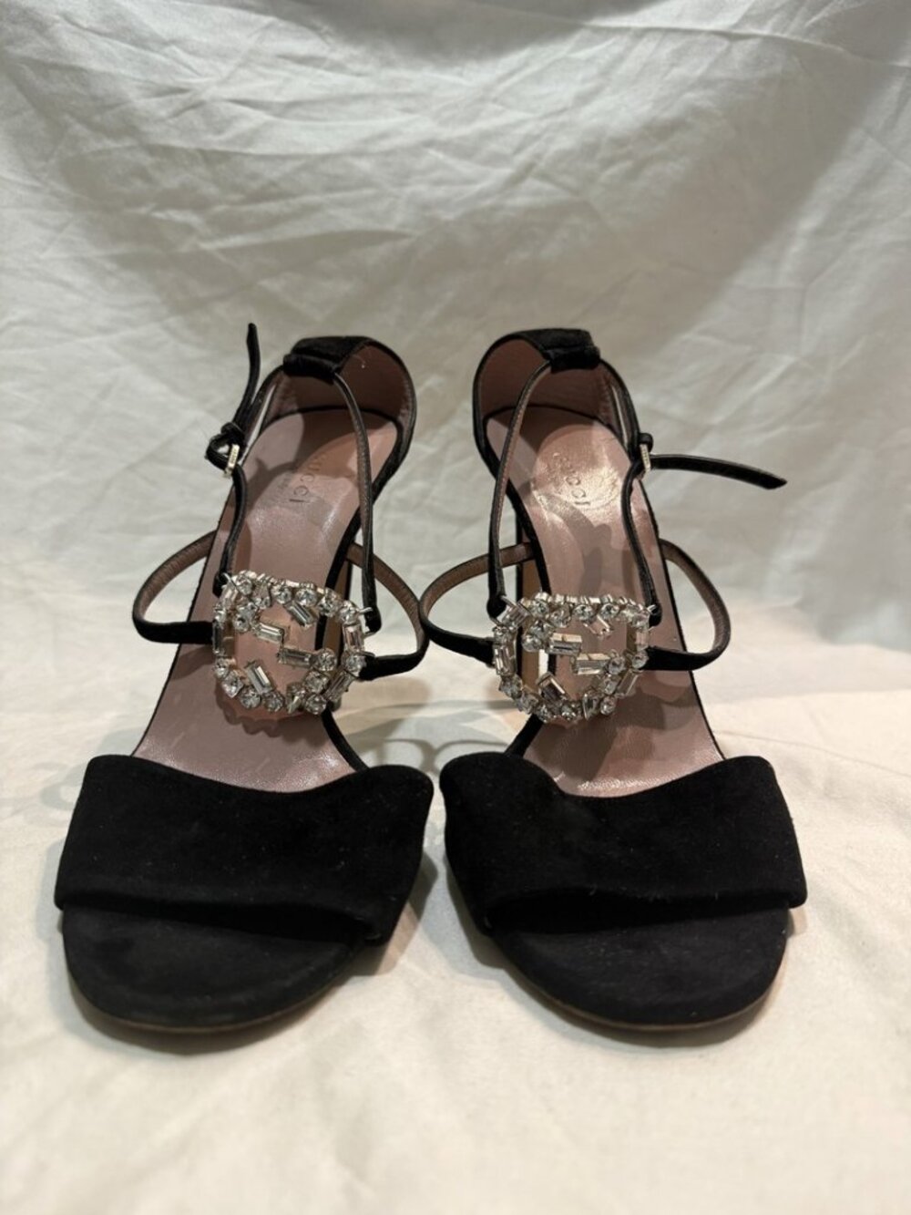 Gucci Black Suede Crystal GG Logo T-Strap Stiletto Heels Pumps EU 40 US 9.5
